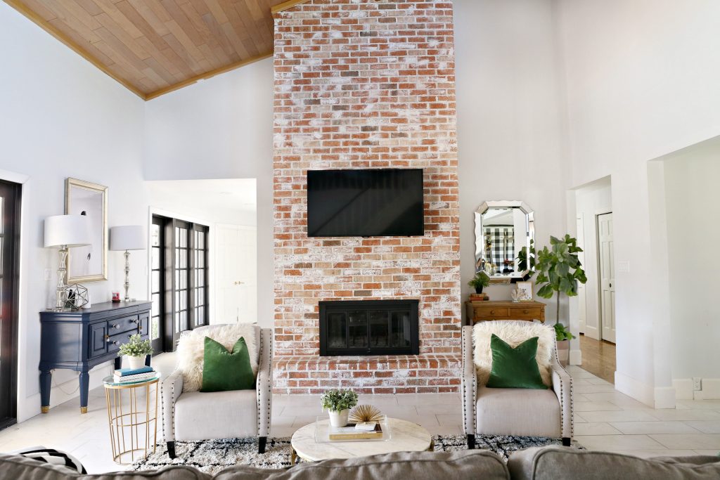 modern living room with brick fireplace